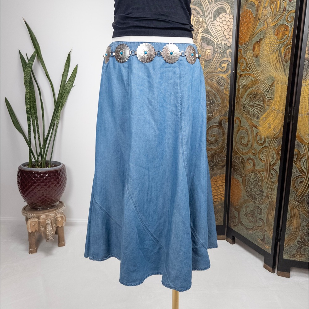 Chambray Flared Midi Skirt Blue Tencel Y2K‎ Minimalist Charter Club Petite 8P